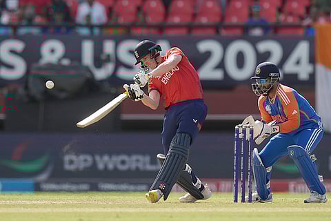 Harry Brook plays a shot against India